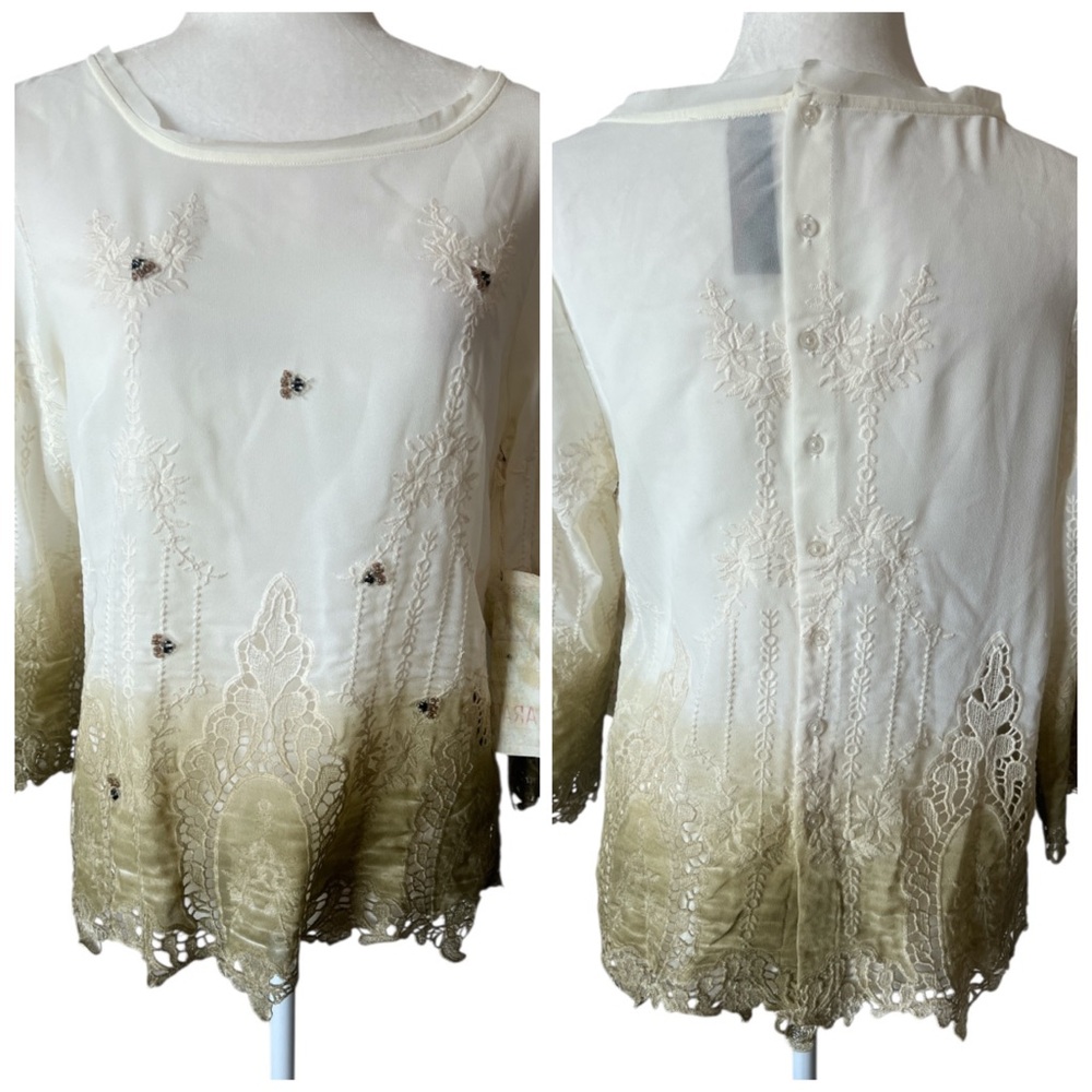 NWT Aratta Ivory Olive Dip Dye Embroidered Lace Chiffon Blouse Top Medium